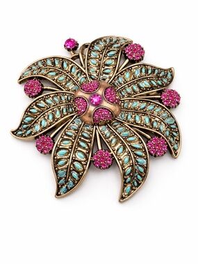 Vintage Style Gold Tone Turquoise Pink Rhinestone Floral Large Statement Brooch